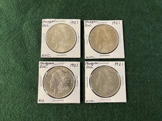 (4) 1921 Morgan Silver Dollars No Mint Mark Uncirculated