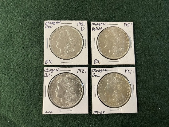 (4) 1921 Morgan Silver Dollars: (1) Mint Mark D BU, (1) No Mint Mark BU