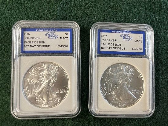 (2) 2007 Silver Eagle 1 oz Fine Silver Dollar, 1st Day Issue MS70