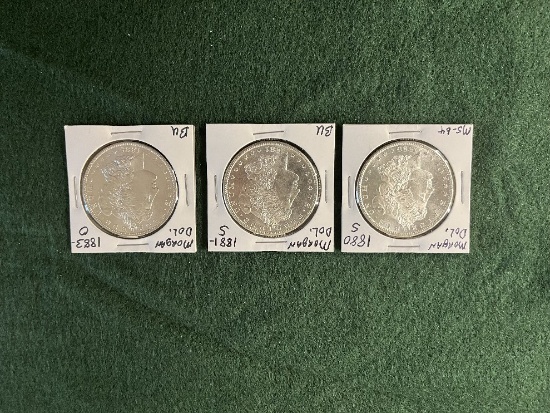 (3) Morgan Dollars: (1) 1880 Mint Mark S MS-64, (1) 1881 Mint Mark S BU