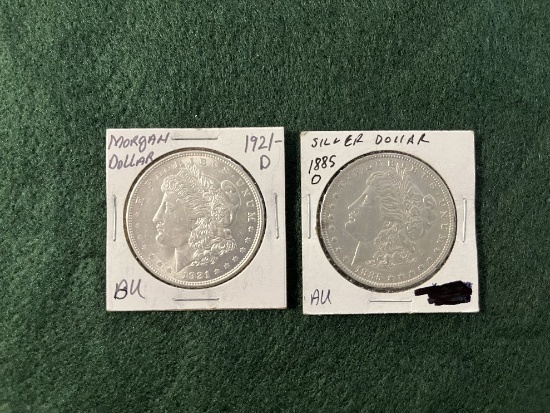 (2) Morgan Dollars: (1) 1885 Mint Mark O AU, (1) 1921 Mint Mark D BU