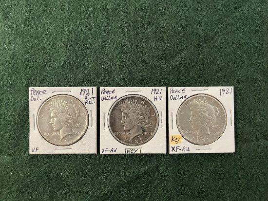 (3) Peace Dollars: (1) 1921 No Mint Mark VF, (2) 1921 No Mint Mark XF-AU