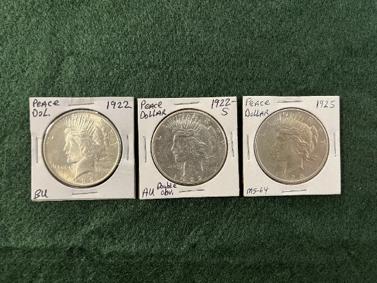 (3) Peace Dollars: (1) 1922-S Possible Double OBV AU, (1) 1922 No Mint Mark