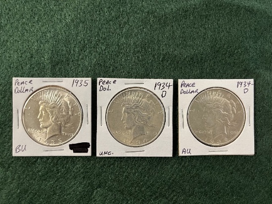 (3) Peace Dollars: (1) 1934 Mint Mark D Au, (1) 1934 Mint Mark D Uncirculat