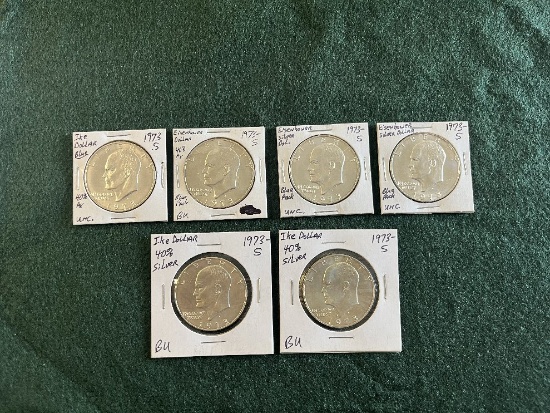 (6) Eisenhower Dollars: (3) 1973 Min Mark S BU, (3) 1973 Mint Mark S Uncirc