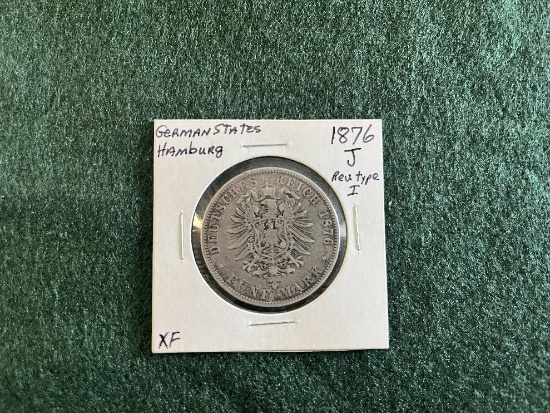 1876 Deutsches Reich FY BF Mark Mint J Type 1 5 Mark, .900 Fine Silver Coin