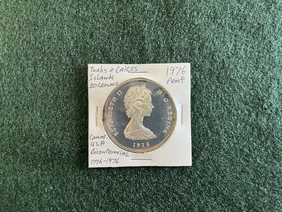 1976 Turks and Caicos Commemorative Bicentennial 20 Crown Coin, Proof .925