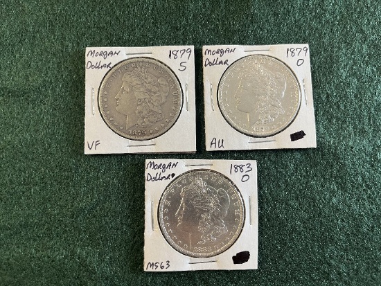 (3) Morgan Dollars: (1) 1879 Mint Mark S VF, (1) 1879 Mint Mark O AU, (1) 1