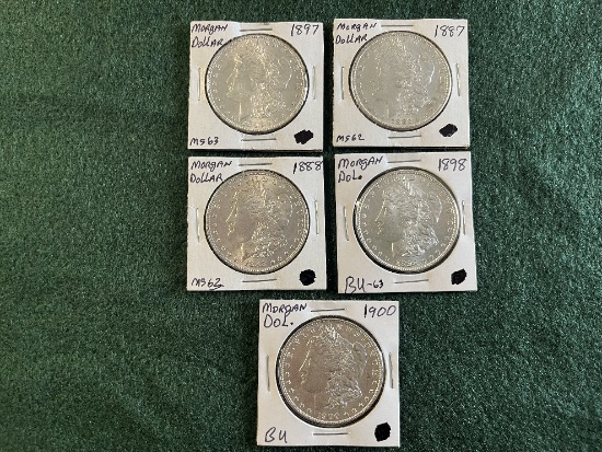 (5) Morgan Dollars: (1) 1887 No Mint Mark MS-62, (1) 1898 No Mint Mark MS-6