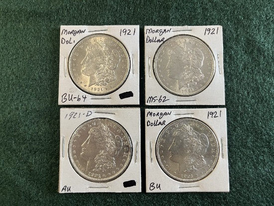(4) Morgan Dollars: (1) 1921 Mint Mark D AU, (1) 1921 No Mint Mark BU, (1)