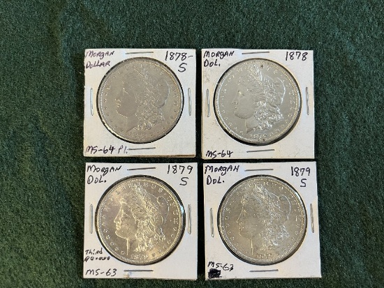(4) Morgan Dollars (1) 1878 No Mint Mark MS-64, (1) 1878 Mint Mark S MS-64,