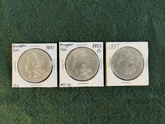 (3) Morgan Silver Dollars () 1881 No Mint Mark, BU, (1) 1883 Mint Mark O MS