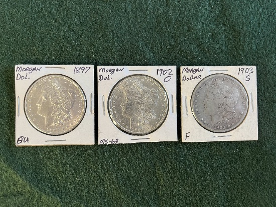 (3) Morgan Silver Dollars (1) 1897 No Mint Mark Uncirculated BU, (1) 1902 M