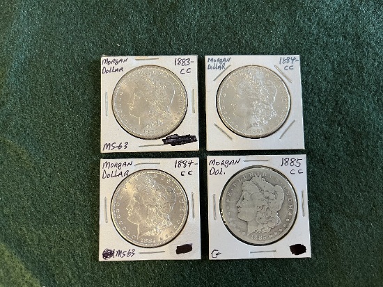(4) Morgan Silver Dollars (1) 1883 Mint Mark CC MS-73, (1) 1884 Mint Mark C