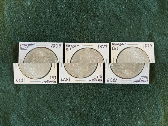 (3) 1879 Morgan Silver Dollars No Mint Marks AU