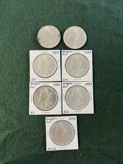 (7) Morgan Silver Dollars (1) 1887 No Mint Mark graded, (1) 1889 No Mint Ma