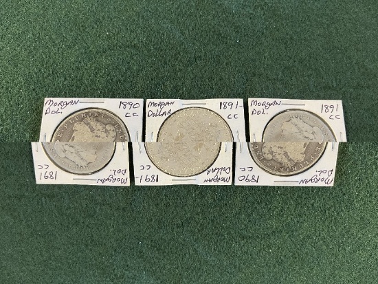 (3) Morgan Silver Dollars: (1) 1891 Mint Mark CC AU, (1) 1891 Mint Mark CC