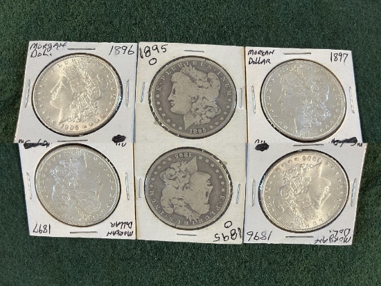 (6) Morgan Silver Dollars: (1) 1895 Mint Mark O Ungraded, (1) 1896 No Mint