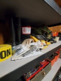 Contents of 2 Shelves - Rubber Boots, Gloves, Tool bags, Toolbox