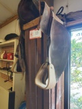Antique Saddle, Antique Horse Harness Tack and Antique Tools on Walls and H