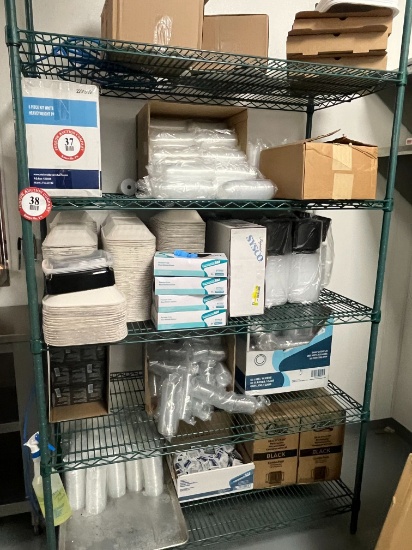 Contents of Shelves- Assorted Paper/Plastic Supplies, Take Out Boxes, Trays, Condiment Bowls