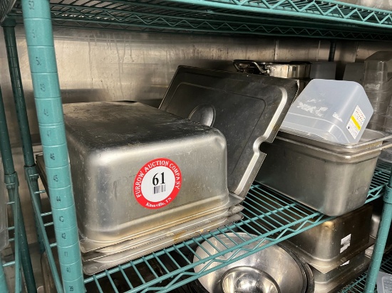 Contents of Shelf- (24) Assorted Plastic Drop Ins, (6) Stainless Steel Drop Ins, (2) Stock Pot