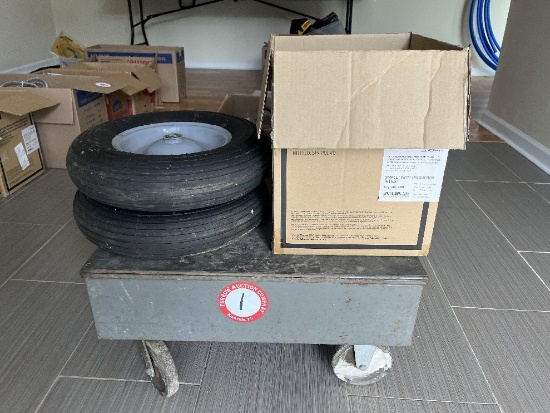 Metal Box on Wheels, Assorted Nut, Bolts & Hardware, (2) New Lawn Mower Whe