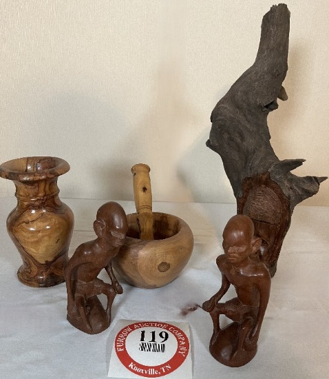 Wooden Vase, Wooden Mixing Bowl, Carved Driftwood, & 2 Carved Wooden Figuri