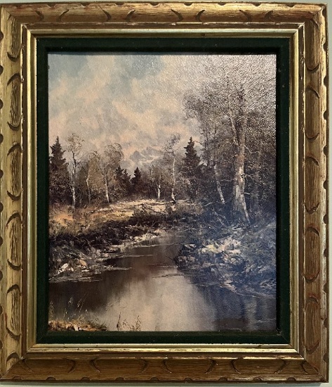Framed Print, Unsigned, Creek Meandering through Woods, Artist Unknown, 14"