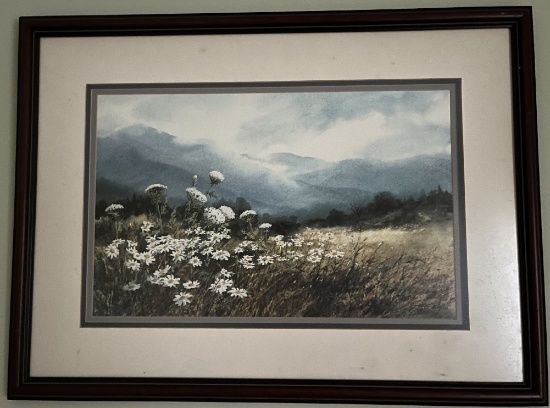 Framed Under Glass Jim Gray Print, Signed (1984), Flowers in Foreground wit