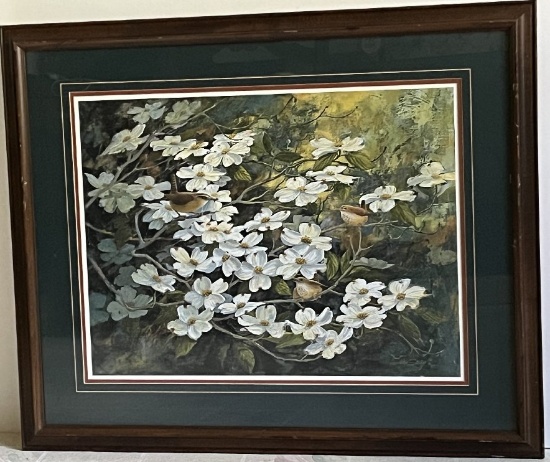 Framed Under Glass Jim Gray Print, Signed (copyright 1987), Dogwoods in Blo
