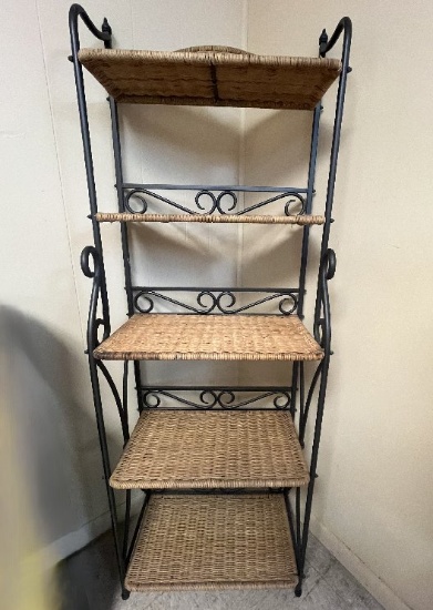 5 Shelf Metal & Wicker Shelving Unit, 66" H x 24" W x 14" D
