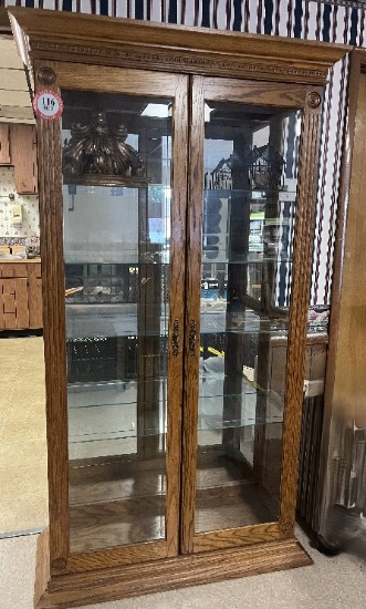 5 Shelf Honey Oak Finish Curio Cabinet with 2 Glass & Wood Doors, Lighted