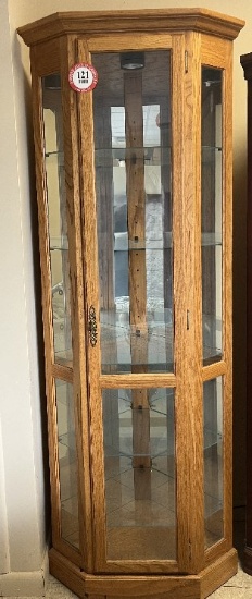 5 Shelf Lighted Oak Finish Corner Curio Cabinet with 1 Glass Door & 2 Side