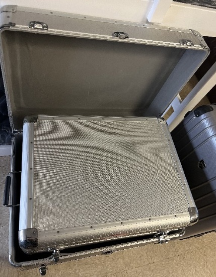 (4) Pieces of Luggage - 2 Metal Shipping Boxes with Hinges and 2 Rolling Su