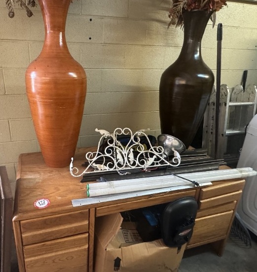 Double Pedestal Desk  &(2) Large Planters, etc.