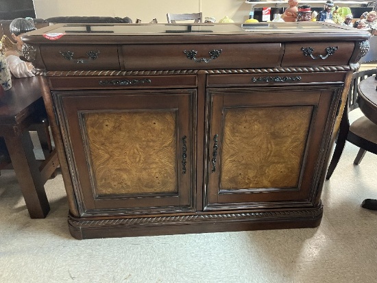 Wooden Glass Topped Burled Walnut Veneer Insert Buffet, 2 Door, 3 Drawer, L