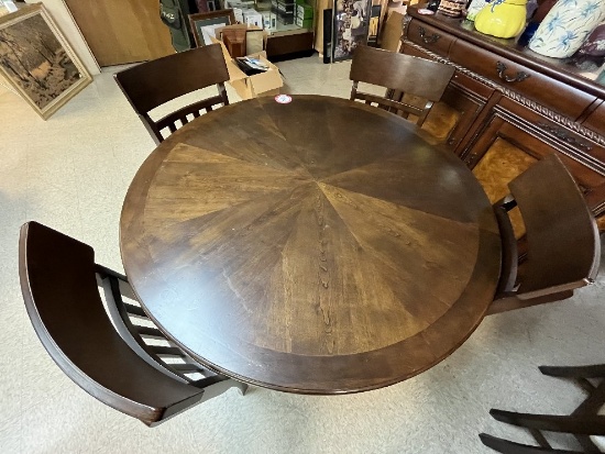 Single Pedestal Round Mirrored Veneer Dining Table (54" x 30") & (4) Chairs
