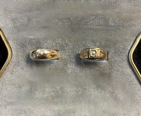 (2) Men's Rings: Men's 14K Yellow Gold Diamond Ring size 9 & Men's 10K Yell