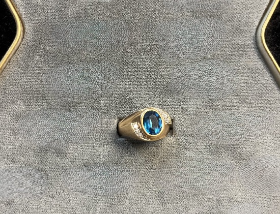 Mens Blue Topaz and Diamond Accent Ring, Size 8, 14k Gold