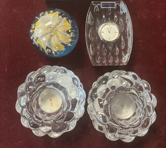 Set of 6 Orrefors Crystal Candle Holders, 1 Waterford Crystal Desk Clock, O