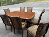 Two Pedestal Dining Room Table, 2 Wooden Upholstered Captains Chairs, 5 Woo