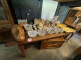 Wooden Table & Contents, Assorted Crystal Bowls, Glass ware, Cuckoo Clock