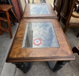 2 Square Wooden End Tables with Glass Inserts