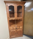 4 Cabinet (two with glass), 1 Drawer Corner Curio Cabinet, Lighted, Oak Fin