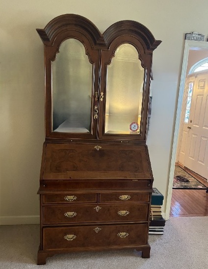 Wooden Drop Front Writing Desk, 4 Drawers, with Two Door Hutch