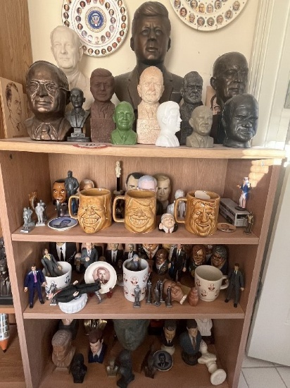 Bookcase & Contents: Various Presidential Busts, Figurines & Decorative Item