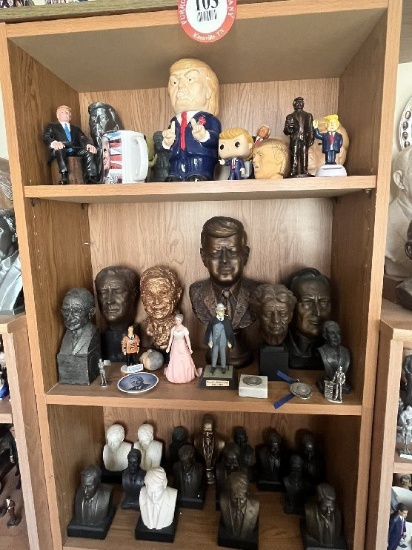 Bookcase & Contents: Various Presidential Busts, Figurines & Decorative Item