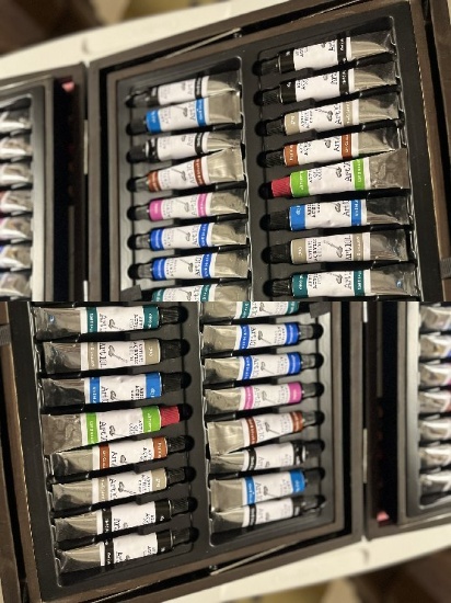 Art Supplies, Water Colors, Acrylics plus Contents of Plastic Bins, Paper