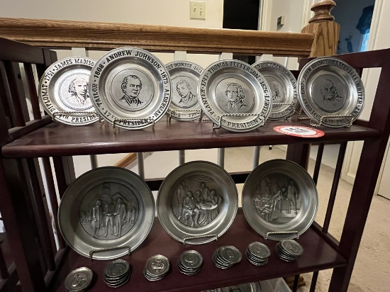 Wooden 3 Shelf Unit with Assortment of Presidential Themed Plates
